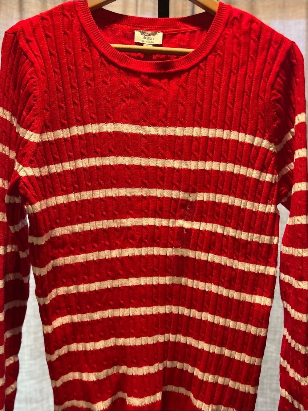 Kim Rogers Red Cable Knit Crewneck Sweater with White Stripes